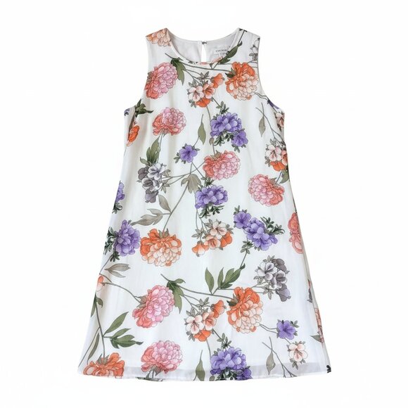 Calvin Klein Floral Dress Size 14 Sleeveless Sheath Chiffon Lined White Pink+ - Picture 1 of 6